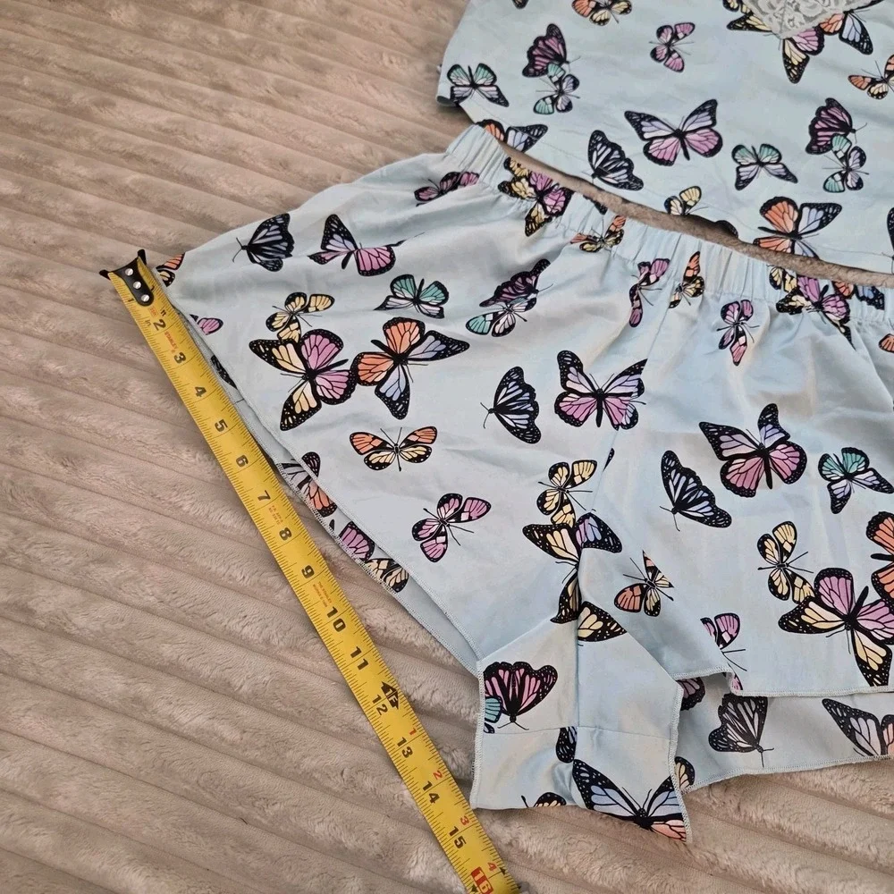 Colsie Butterfly Pajama Set Light Blue Cami Shorts M Top XS Lace Trim Satin